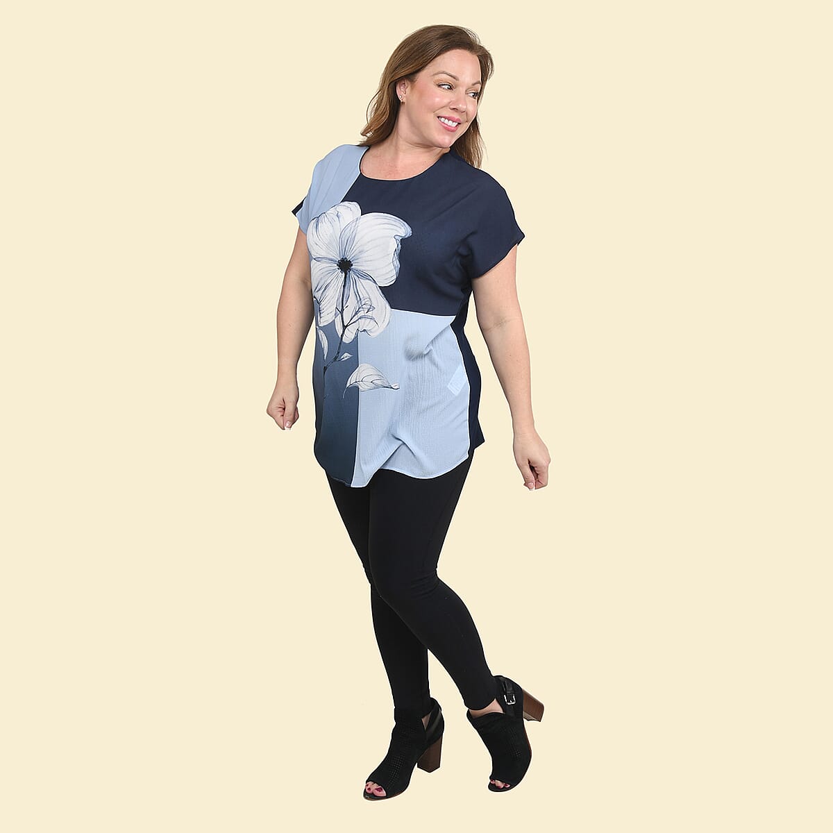 Tamsy Indigo Mink Floral Pattern Drop Sleeve Woven and Knit Top - 2X image number 3