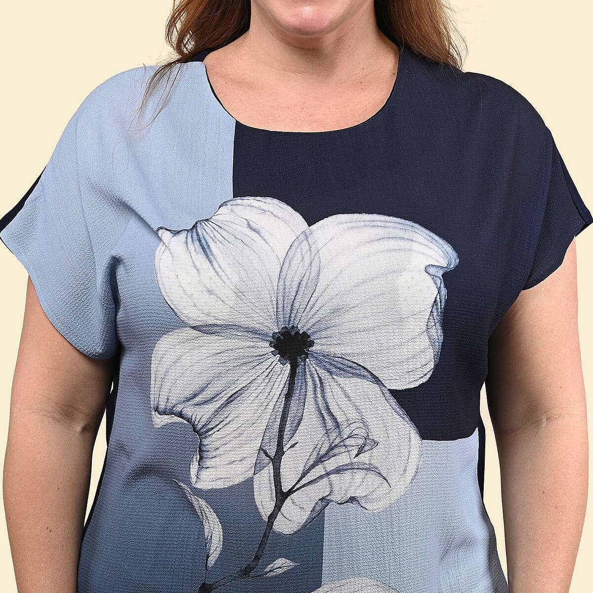 Tamsy Indigo Mink Floral Pattern Drop Sleeve Woven and Knit Top - 2X image number 4
