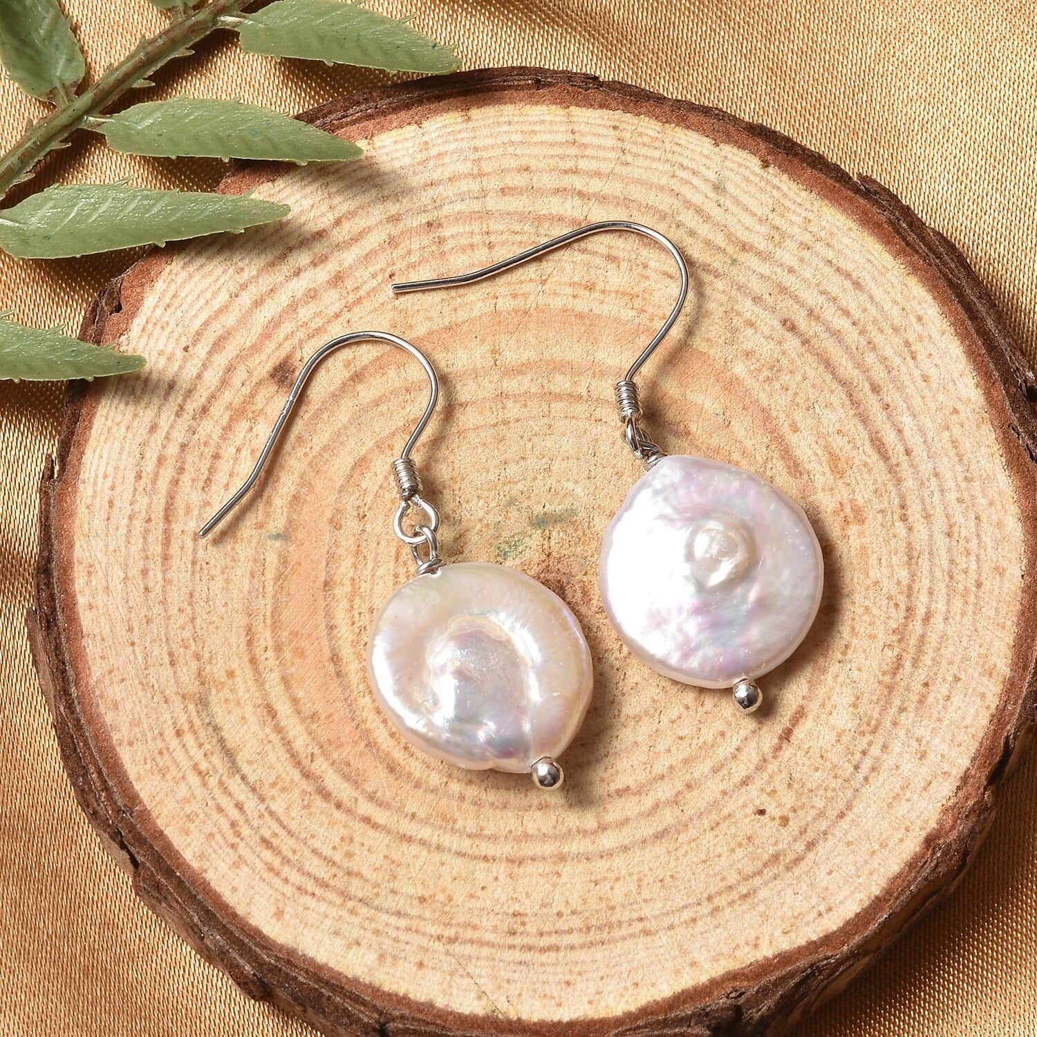 White Coin Keshi Pearl Earrings in Rhodium Over Sterling Silver