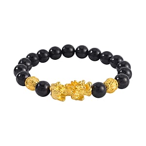 Pixiu Feng Shui Shungite 9-11mm Beaded Stretch Bracelet in Goldtone 153.50 ctw