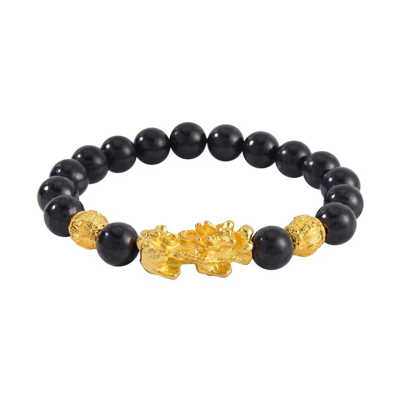 Pixiu Feng Shui Shungite 9-11mm Beaded Stretch Bracelet in Goldtone 153.50 ctw