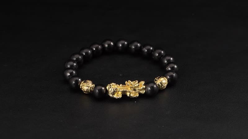 Pixiu Feng Shui Shungite 9-11mm Beaded Stretch Bracelet in Goldtone 153.50 ctw