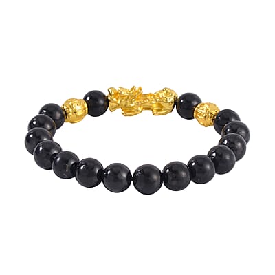 Pixiu Feng Shui Shungite 9-11mm Beaded Stretch Bracelet in Goldtone 153.50 ctw