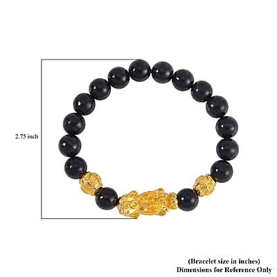 Pixiu Feng Shui Shungite 9-11mm Beaded Stretch Bracelet in Goldtone 153.50 ctw
