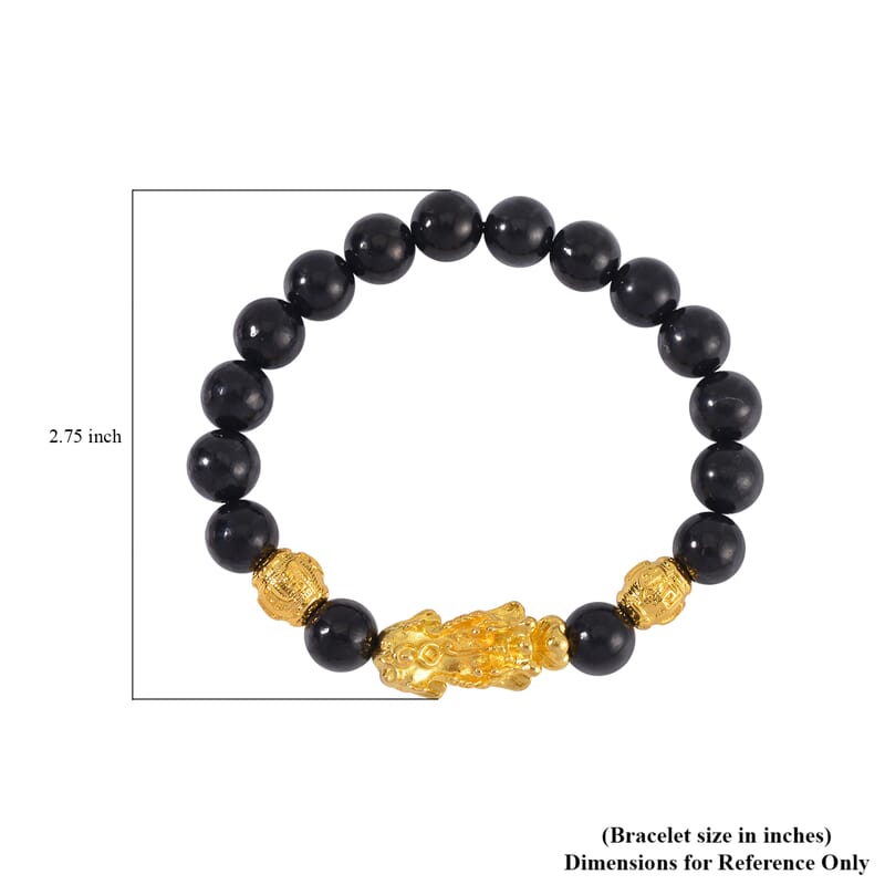 Pixiu Feng Shui Shungite 9-11mm Beaded Stretch Bracelet in Goldtone 153.50 ctw