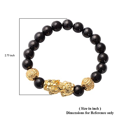 Pixiu Feng Shui Shungite 9-11mm Beaded Stretch Bracelet in Goldtone 153.50 ctw