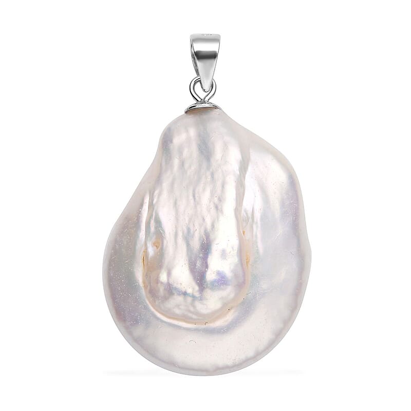White Coin Keshi Pearl Pendant without Chain in Rhodium Over Sterling Silver 25.00 ctw