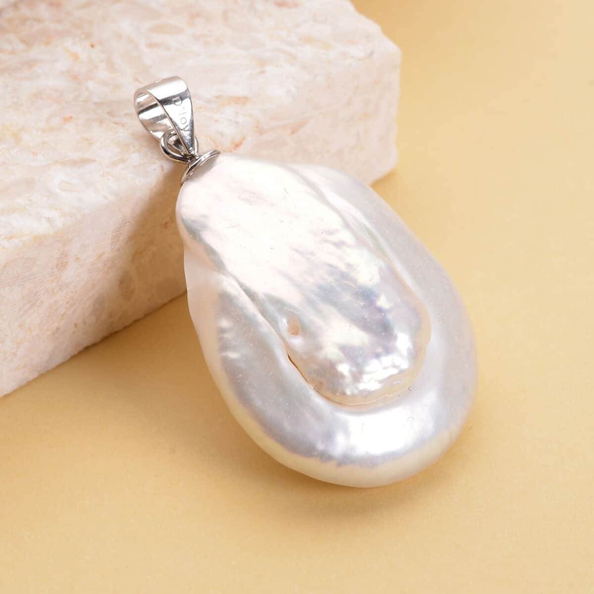 White Coin Keshi Pearl Pendant in Rhodium Over Sterling Silver 25.00 ctw image number 1