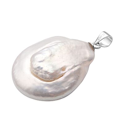 White Coin Keshi Pearl Pendant without Chain in Rhodium Over Sterling Silver 25.00 ctw