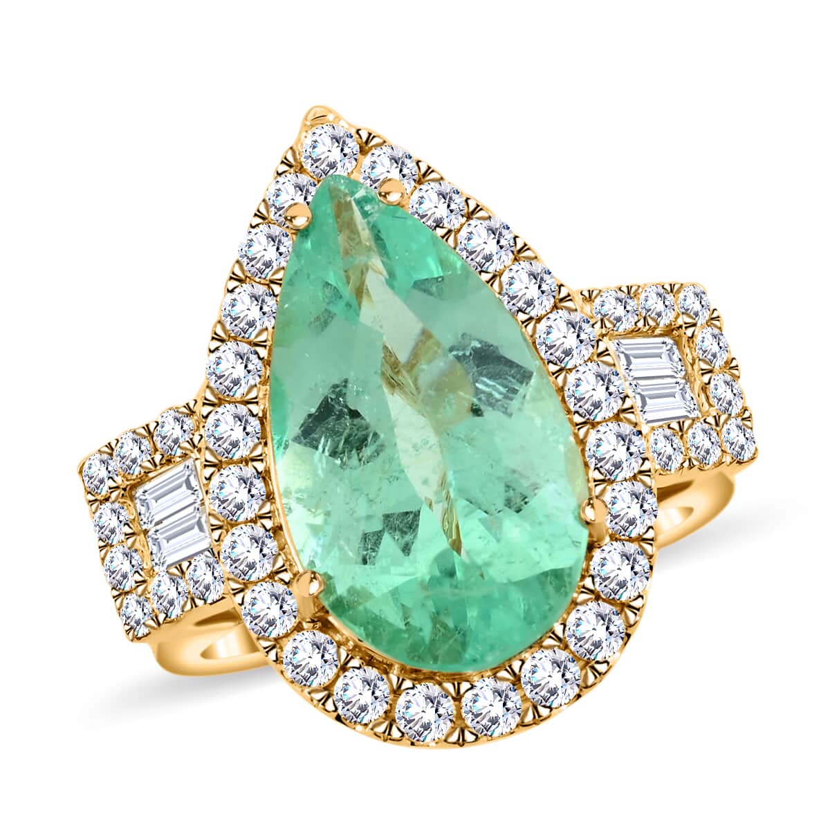 Iliana 18K Yellow Gold AAA Boyaca Colombian Emerald and G-H SI Diamond Halo Ring (Size 7.0) 10.50 Grams 6.40 ctw image number 0
