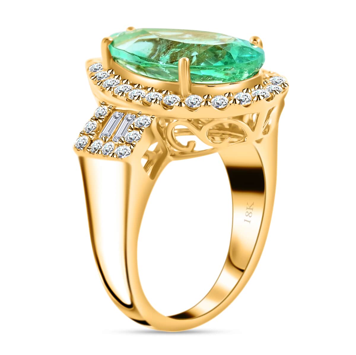 Iliana 18K Yellow Gold AAA Boyaca Colombian Emerald and G-H SI Diamond Halo Ring (Size 7.0) 10.50 Grams 6.40 ctw image number 3