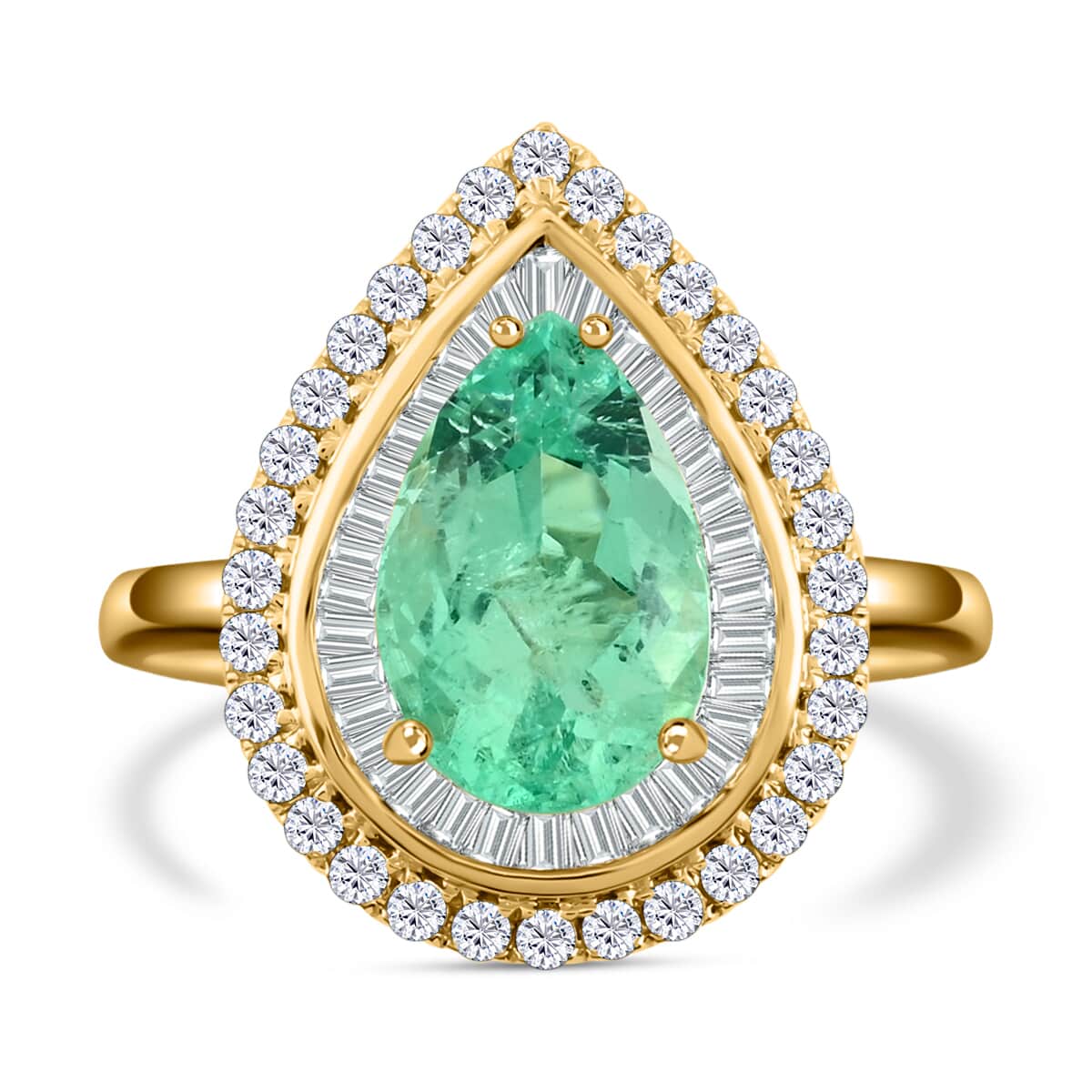 Iliana 18K Yellow Gold AAA Boyaca Colombian Emerald and G-H SI Diamond Halo Ring (Size 7.0) 6.20 Grams 3.60 ctw image number 0