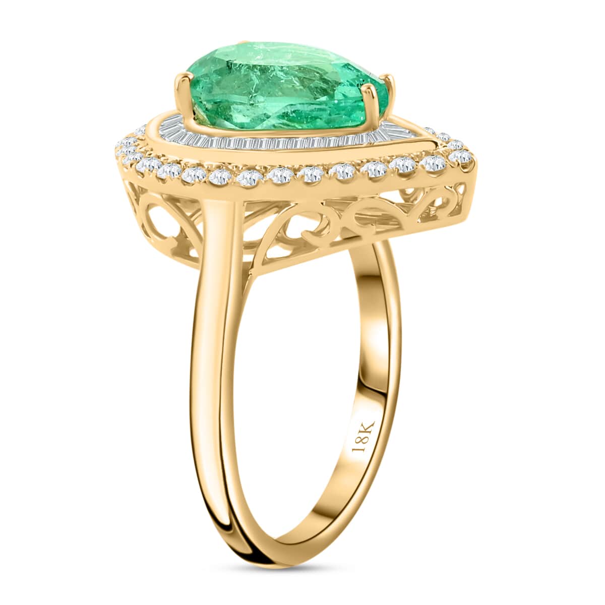 Iliana 18K Yellow Gold AAA Boyaca Colombian Emerald and G-H SI Diamond Halo Ring (Size 7.0) 6.20 Grams 3.60 ctw image number 2
