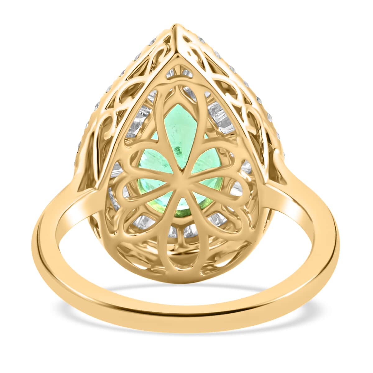 Iliana 18K Yellow Gold AAA Boyaca Colombian Emerald and G-H SI Diamond Halo Ring (Size 7.0) 6.20 Grams 3.60 ctw image number 3