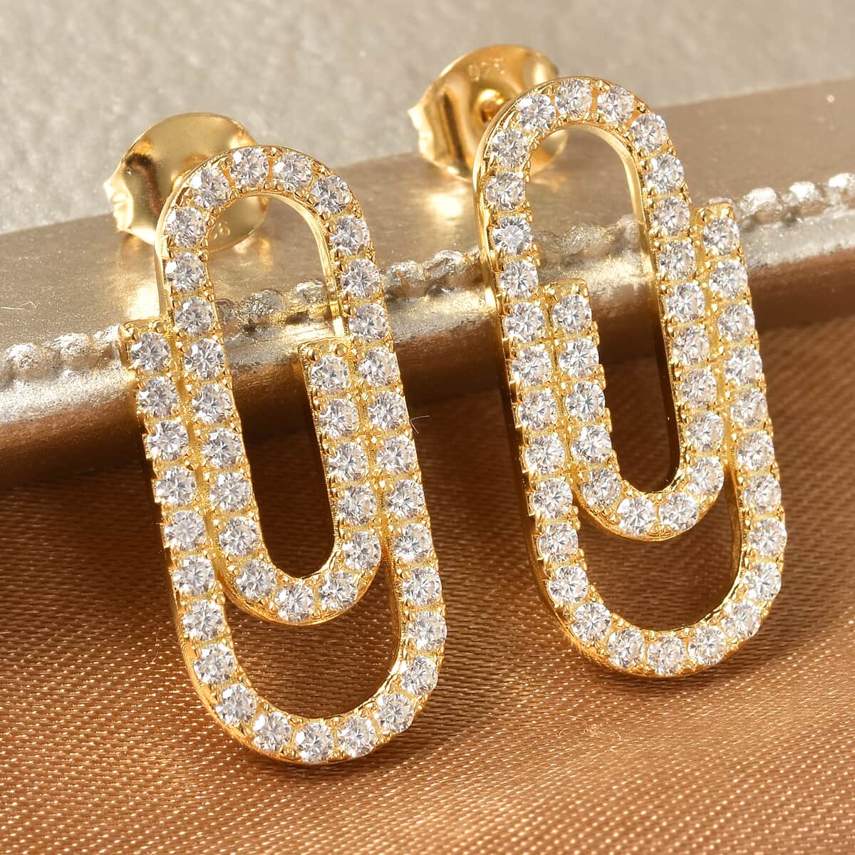 Moissanite Paper Clip Earrings in Vermeil Yellow Gold Over Sterling Silver 1.25 ctw image number 1