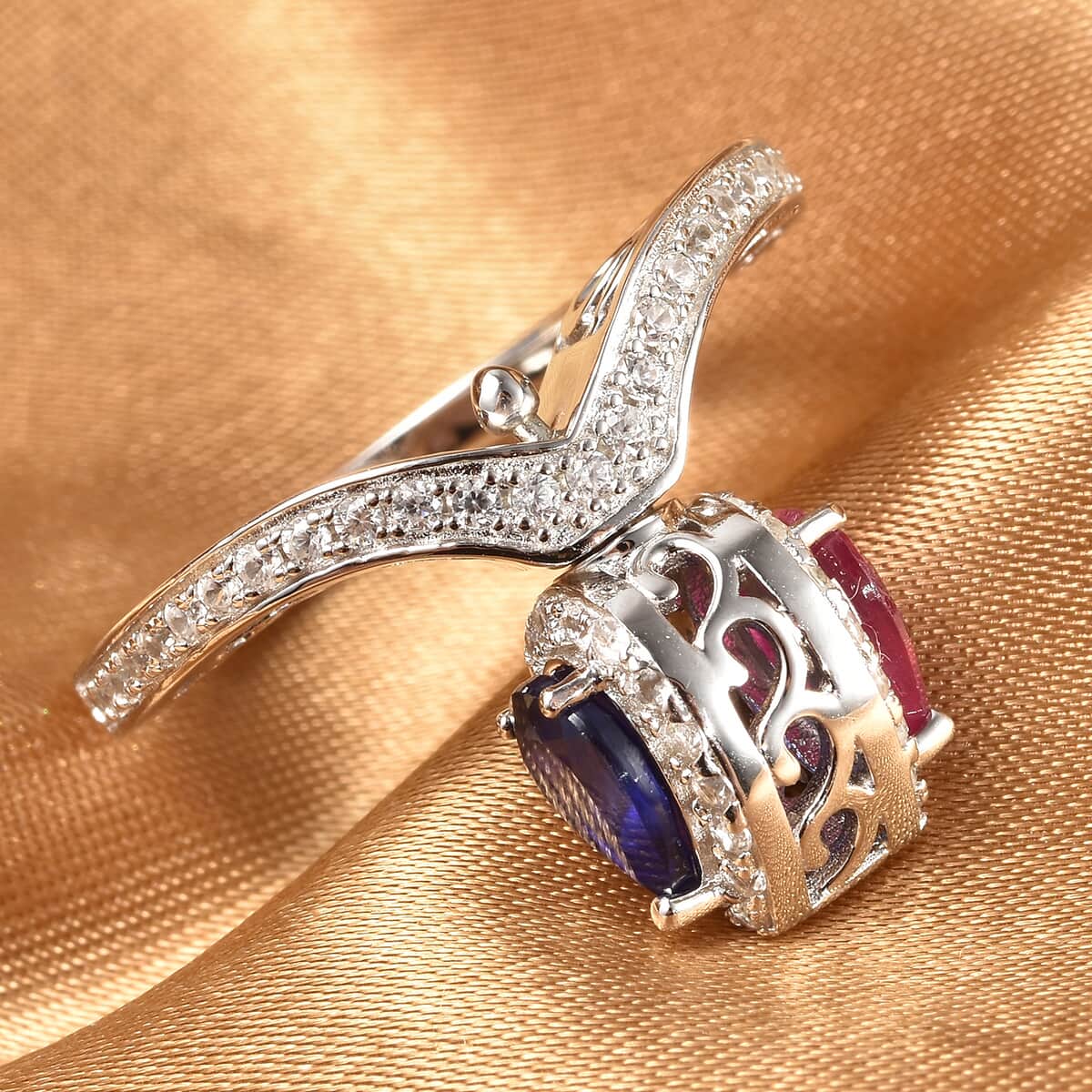 Niassa Ruby, Masoala Sapphire and Natural White Zircon Ring in Rhodium Over Sterling Silver (Size 5.0) 2.90 ctw image number 1