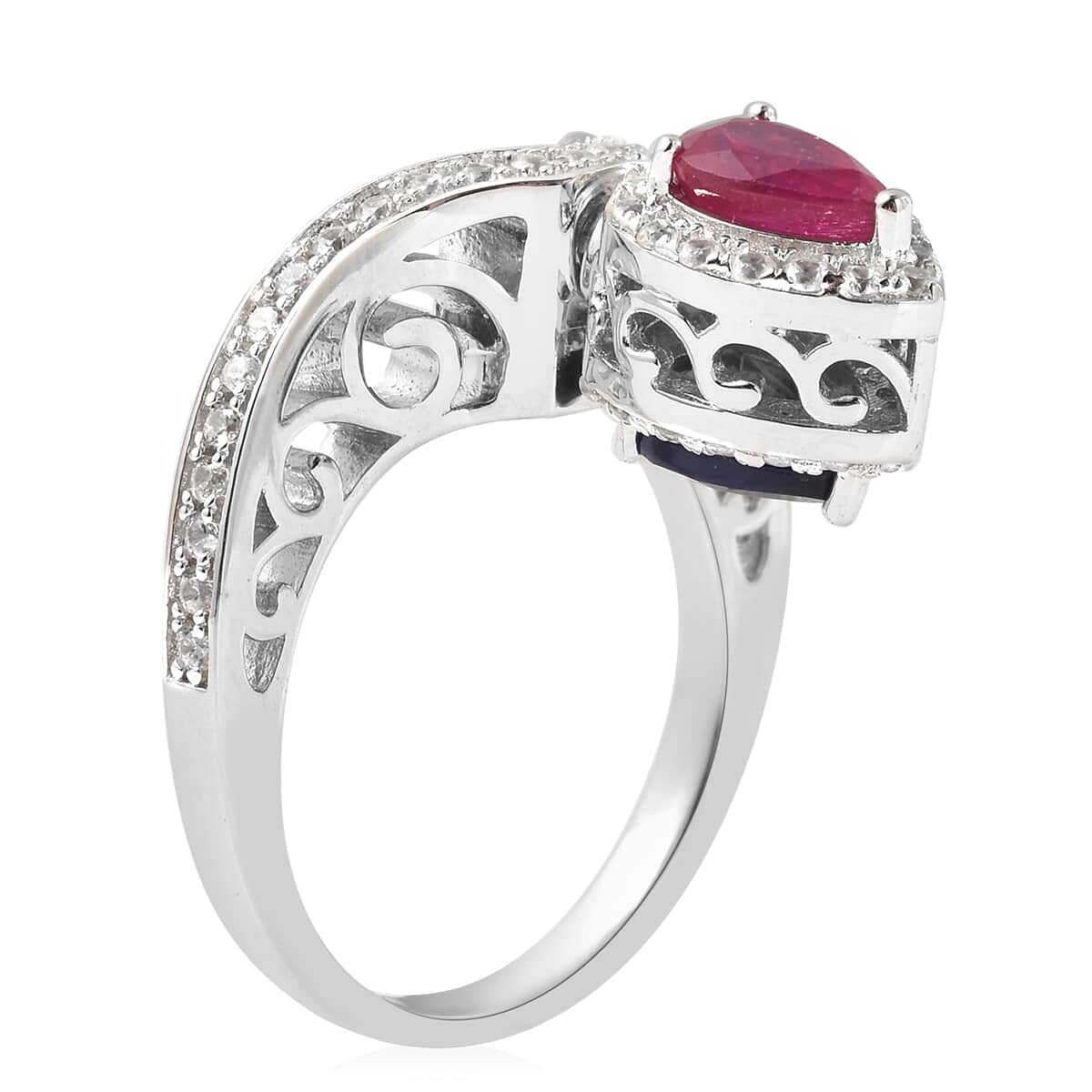 Niassa Ruby, Masoala Sapphire and Natural White Zircon Ring in Rhodium Over Sterling Silver (Size 5.0) 2.90 ctw image number 4
