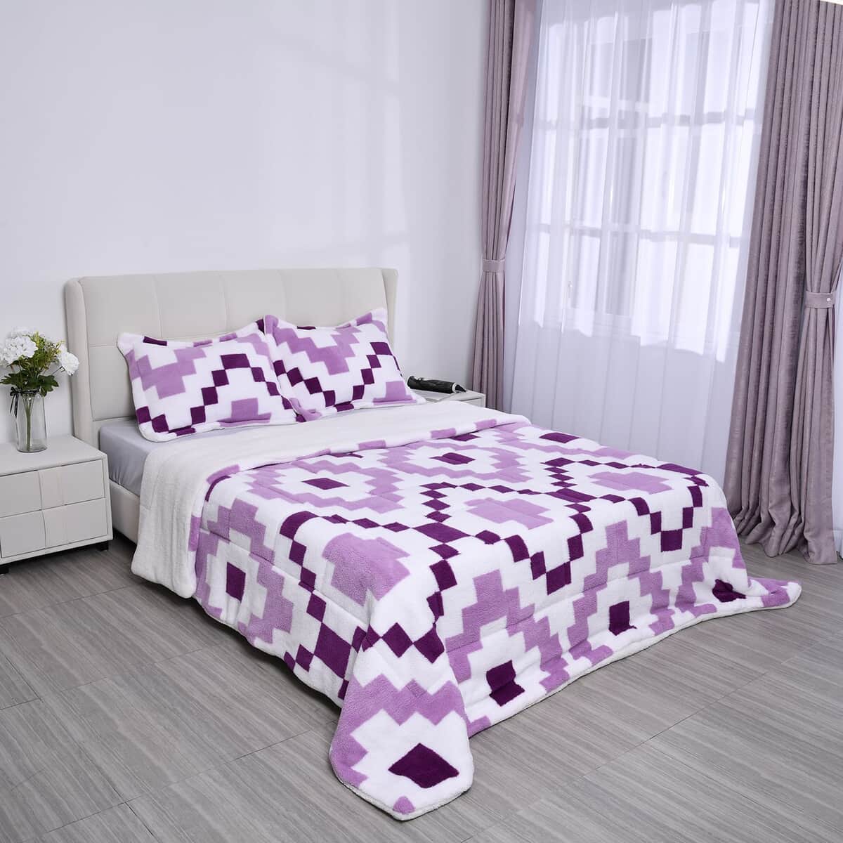 Homesmart Set of 3 Purple Checkered Printed Sherpa Comforter and Pillowcase image number 0