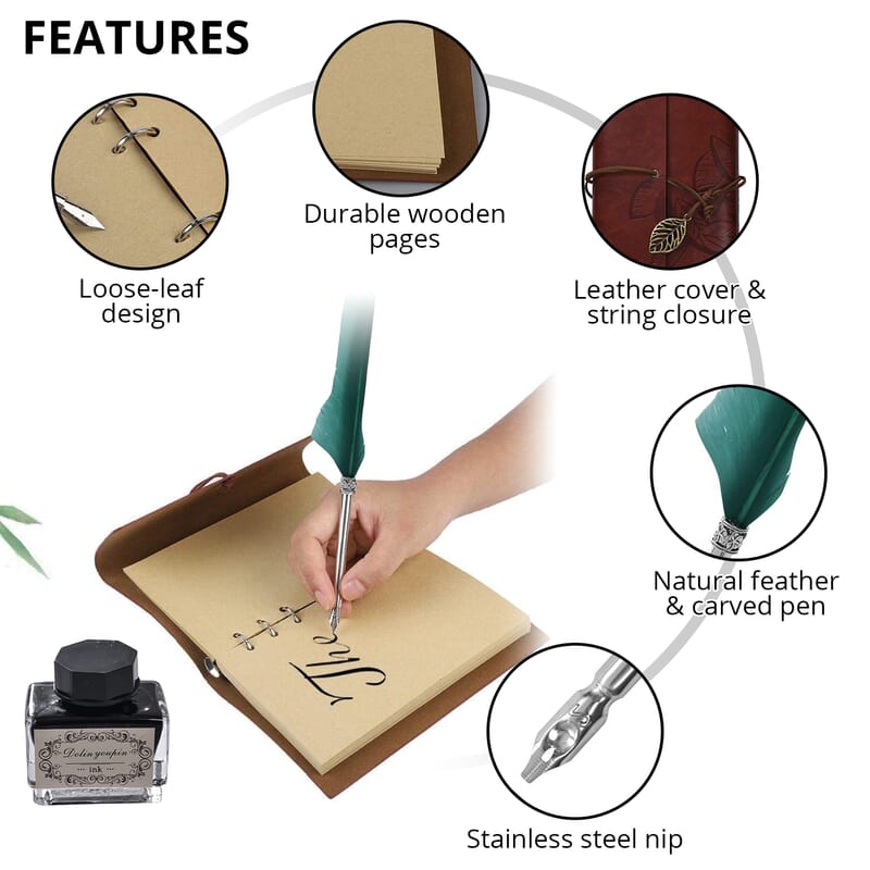 Leaf Pattern Embossed Leather Cover with String Closure Notebook Set (1 Leather Notebook, 2 Pens, 2 Bottles Ink, 5 Extra Nibs and 1 Pen Holder)