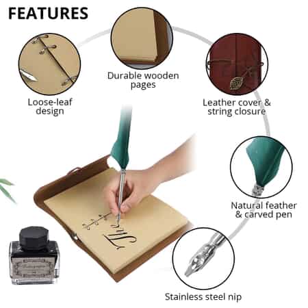 Leaf Pattern Embossed Leather Cover with String Closure Notebook Set (1 Leather Notebook, 2 Pens, 2 Bottles Ink, 5 Extra Nibs and 1 Pen Holder) image number 2