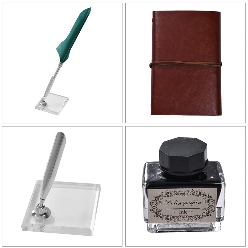 Leaf Pattern Embossed Leather Cover with String Closure Notebook Set (1 Leather Notebook, 2 Pens, 2 Bottles Ink, 5 Extra Nibs and 1 Pen Holder)