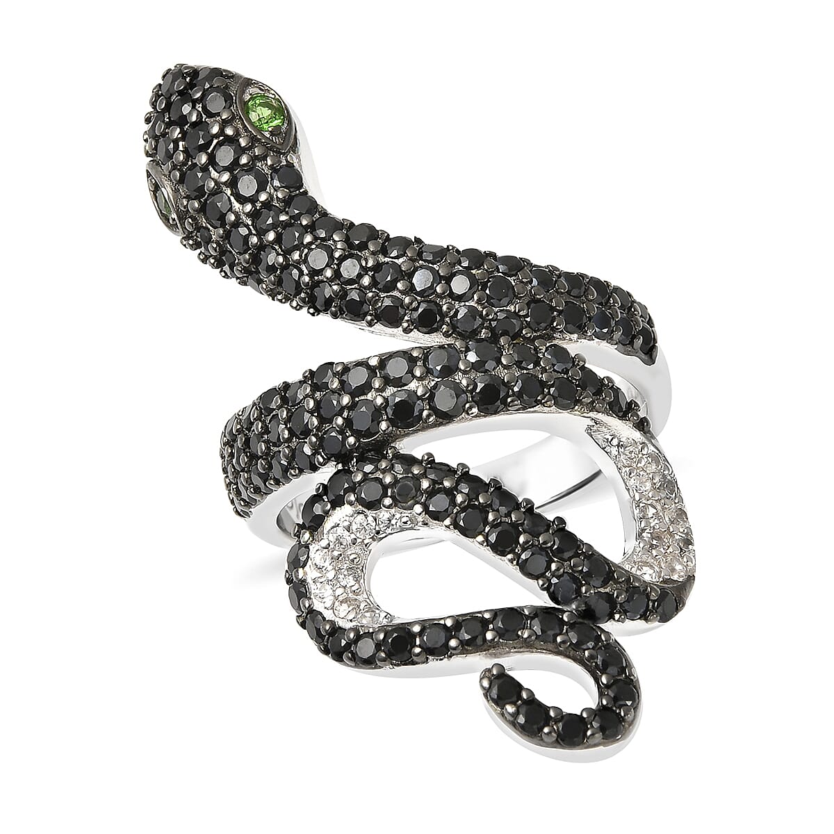 Chrome Diopside, Thai Black Spinel and White Zircon Snake Ring in Rhodium Over Sterling Silver (Size 7.0) 2.65 ctw image number 0