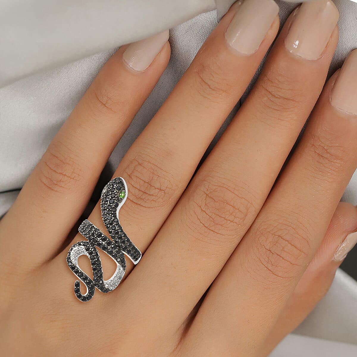 Chrome Diopside, Thai Black Spinel and White Zircon Snake Ring in Rhodium Over Sterling Silver (Size 7.0) 2.65 ctw image number 2