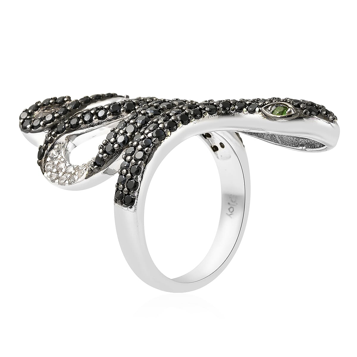 Chrome Diopside, Thai Black Spinel and White Zircon Snake Ring in Rhodium Over Sterling Silver (Size 7.0) 2.65 ctw image number 3