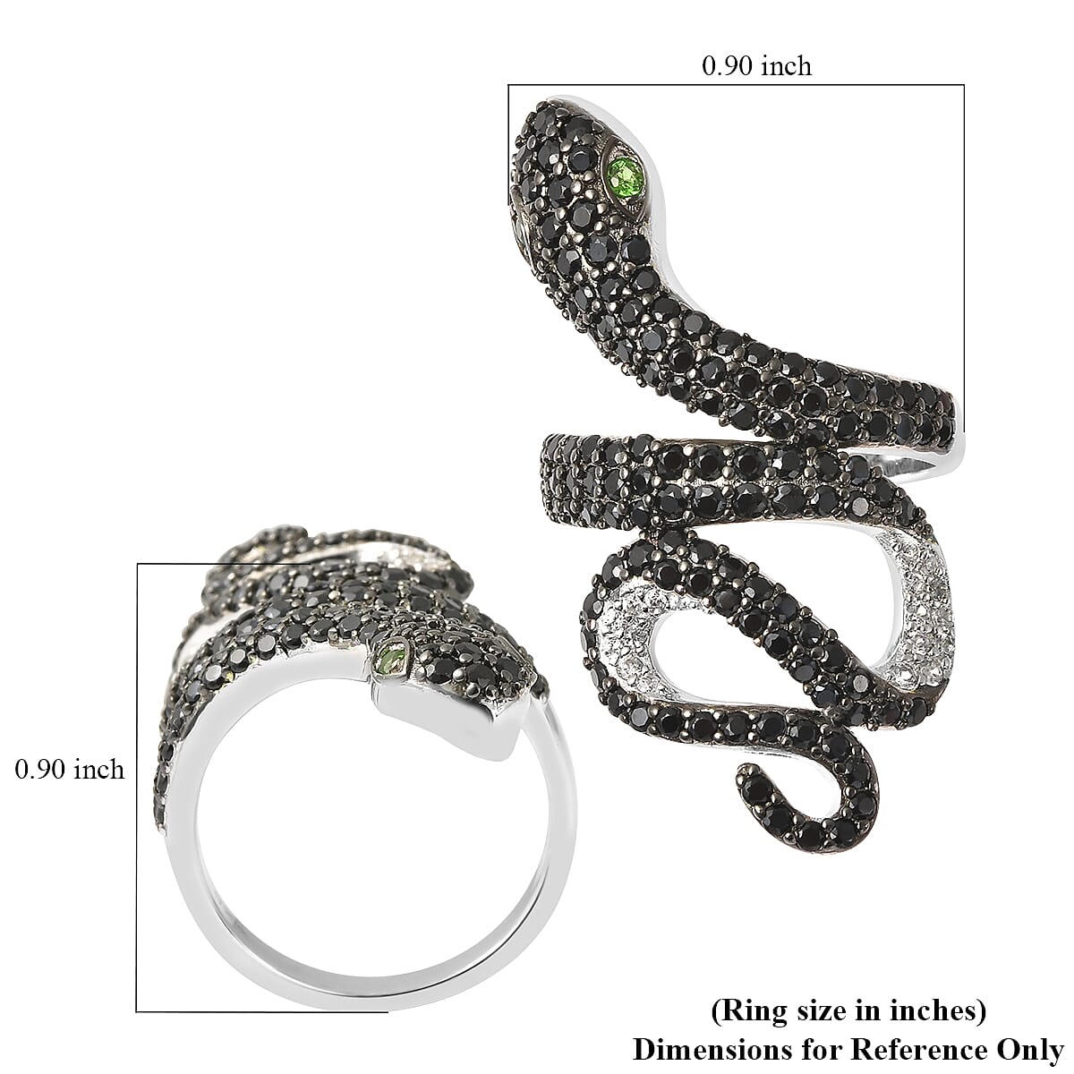 Chrome Diopside, Thai Black Spinel and White Zircon Snake Ring in Rhodium Over Sterling Silver (Size 7.0) 2.65 ctw image number 5