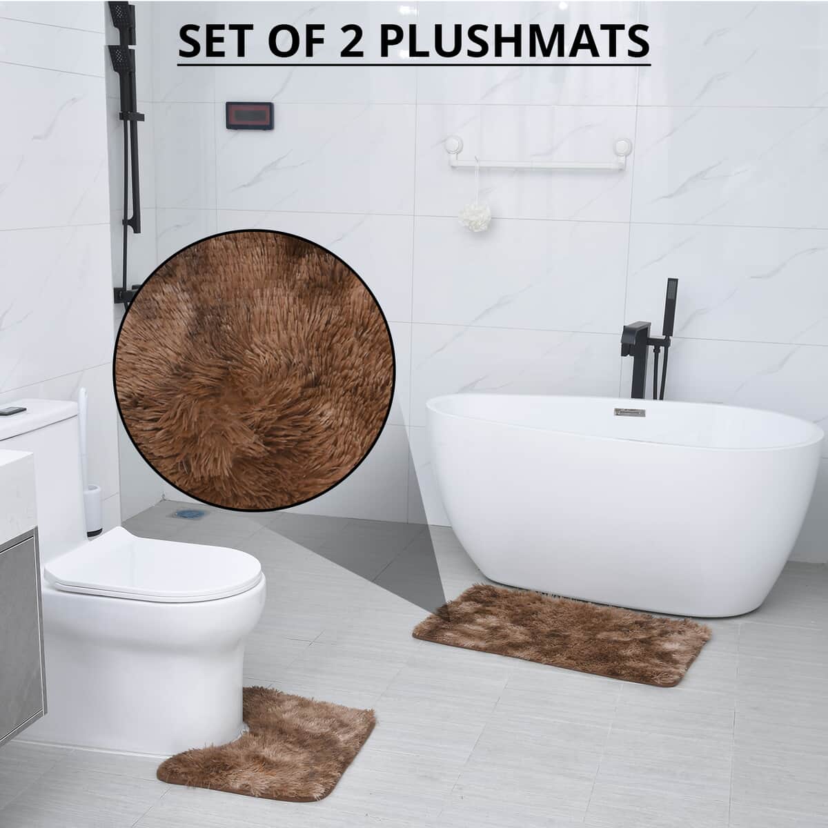 Homesmart Set of 2 Brown Solid Gradient Rectangle Plushmat and U Shape Plush Mat, Anti-Skid Dots Handwash Bathroom Rug Bath Mat, Non Slip Bathroom Rug image number 1