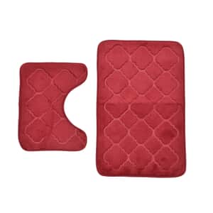 Red Embossed Flannel Rectangular Bathmat and Contour Toilet Mat