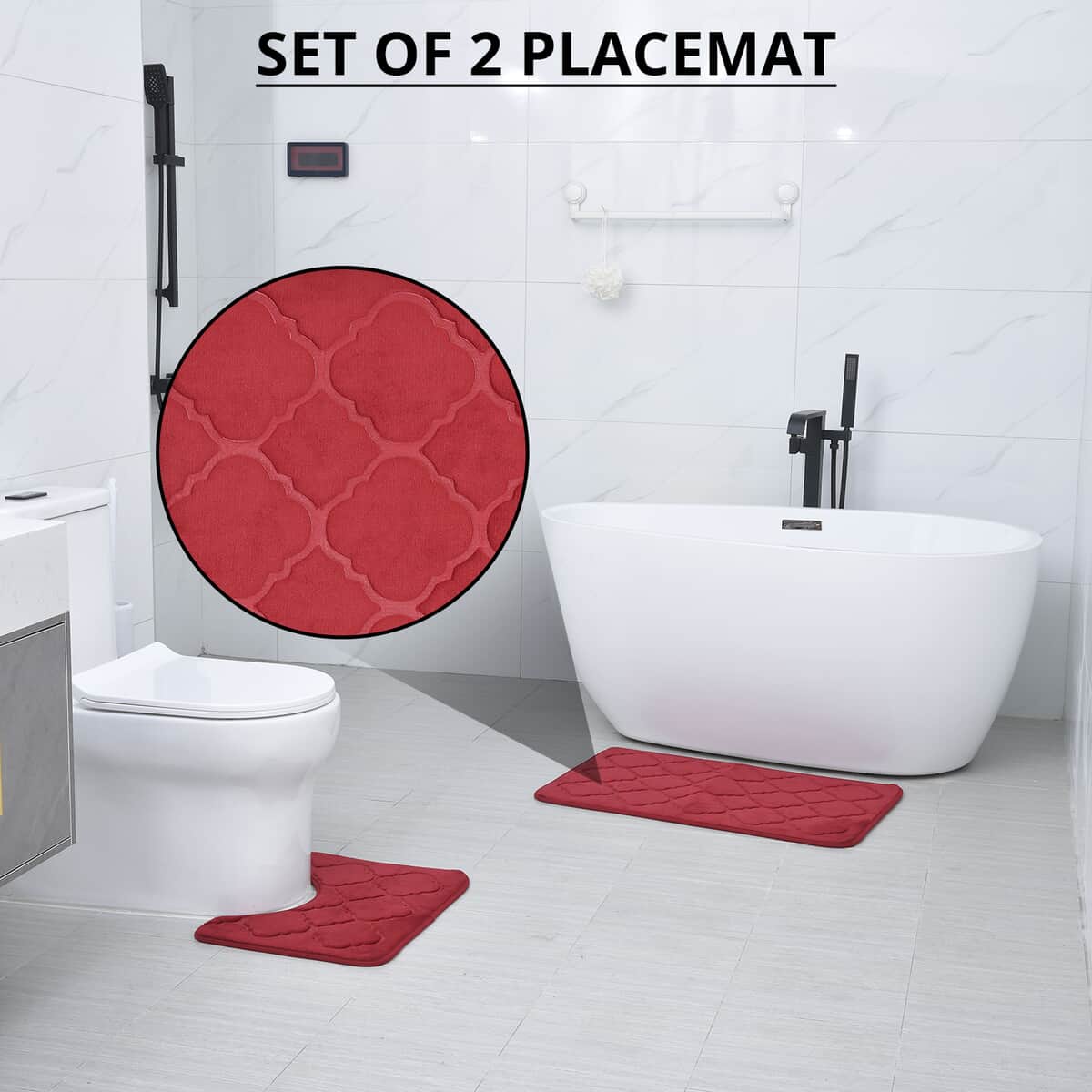 Red Embossed Flannel Rectangular Bathmat and Contour Toilet Mat image number 1