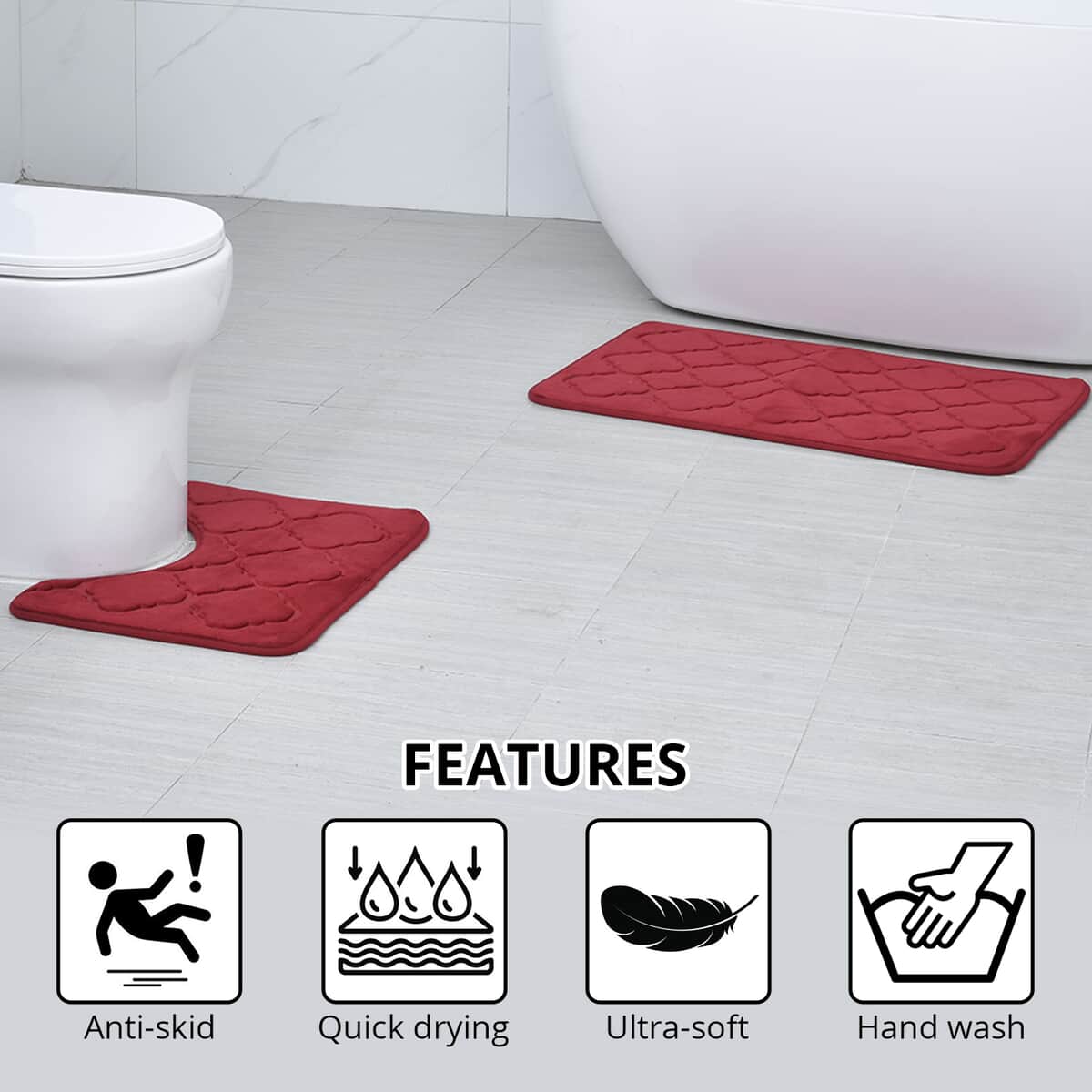Red Embossed Flannel Rectangular Bathmat and Contour Toilet Mat image number 2