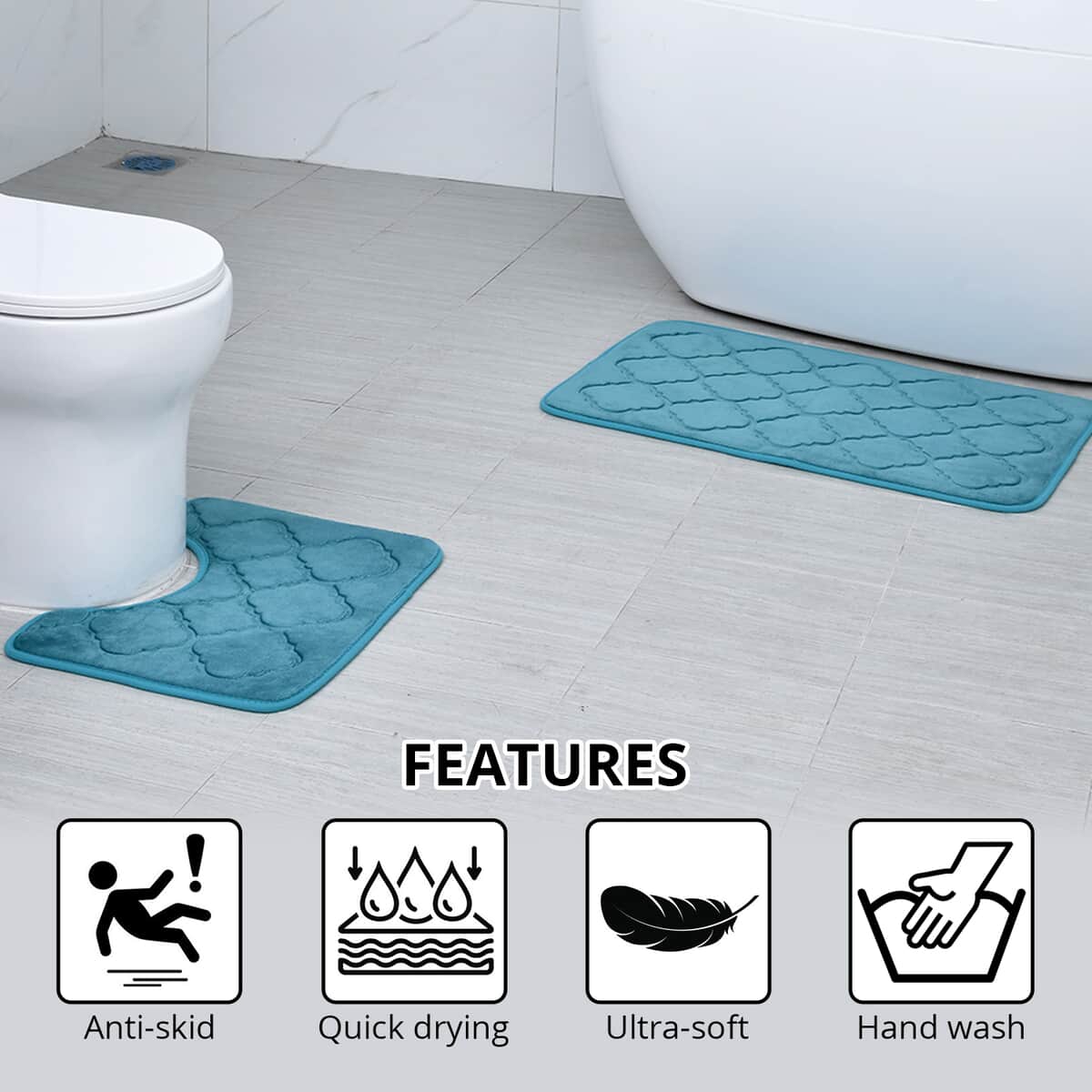 Green Embossed Flannel Rectangular Bathmat and Contour Toilet Mat image number 2