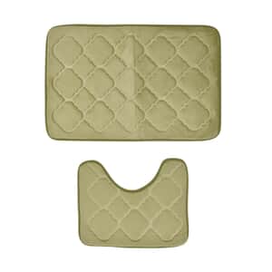 Khaki Embossed Flannel Rectangular Bathmat and Contour Toilet Mat