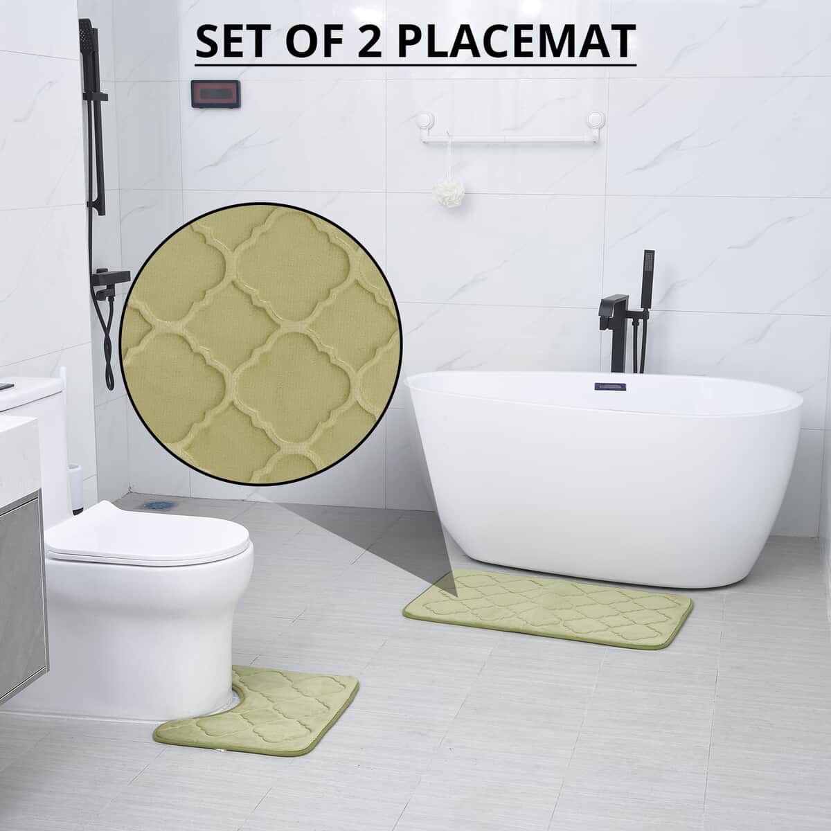 Khaki Embossed Flannel Rectangular Bathmat and Contour Toilet Mat image number 1