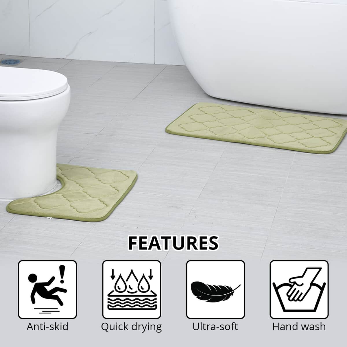 Khaki Embossed Flannel Rectangular Bathmat and Contour Toilet Mat image number 2