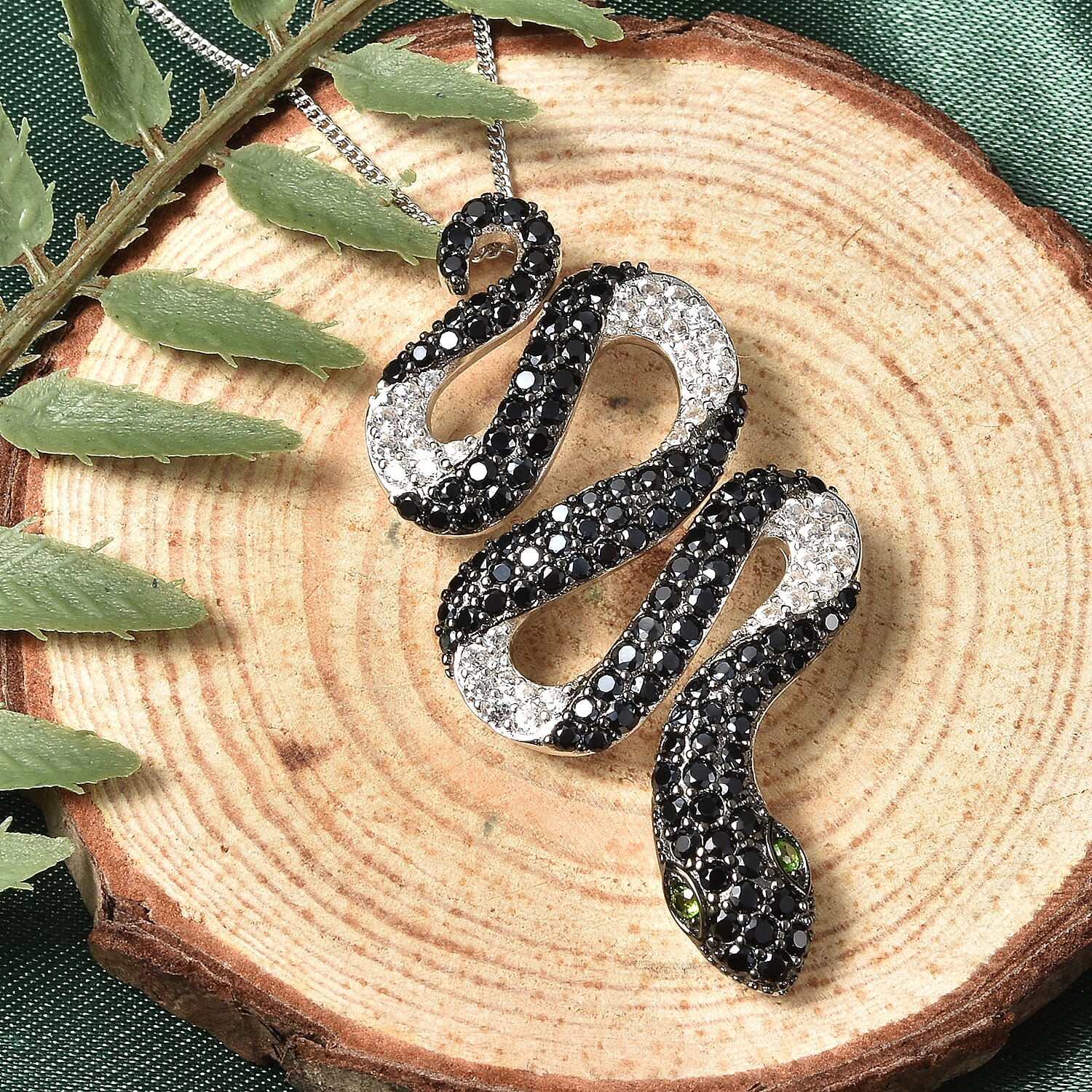 Natural Chrome Diopside, Thai Black Spinel and White Zircon Snake Pendant Necklace 18 Inches in Rhodium Over Sterling Silver 7.65 Grams 3.50 ctw