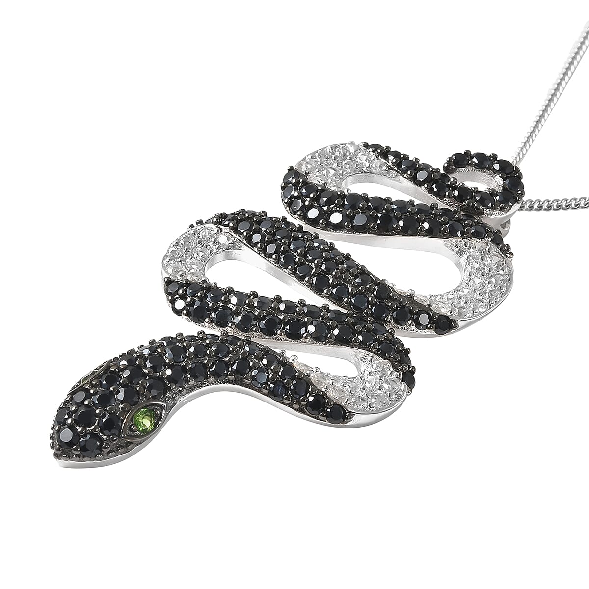 Natural Chrome Diopside, Thai Black Spinel and White Zircon Snake Pendant Necklace 18 Inches in Rhodium Over Sterling Silver 7.65 Grams 3.50 ctw