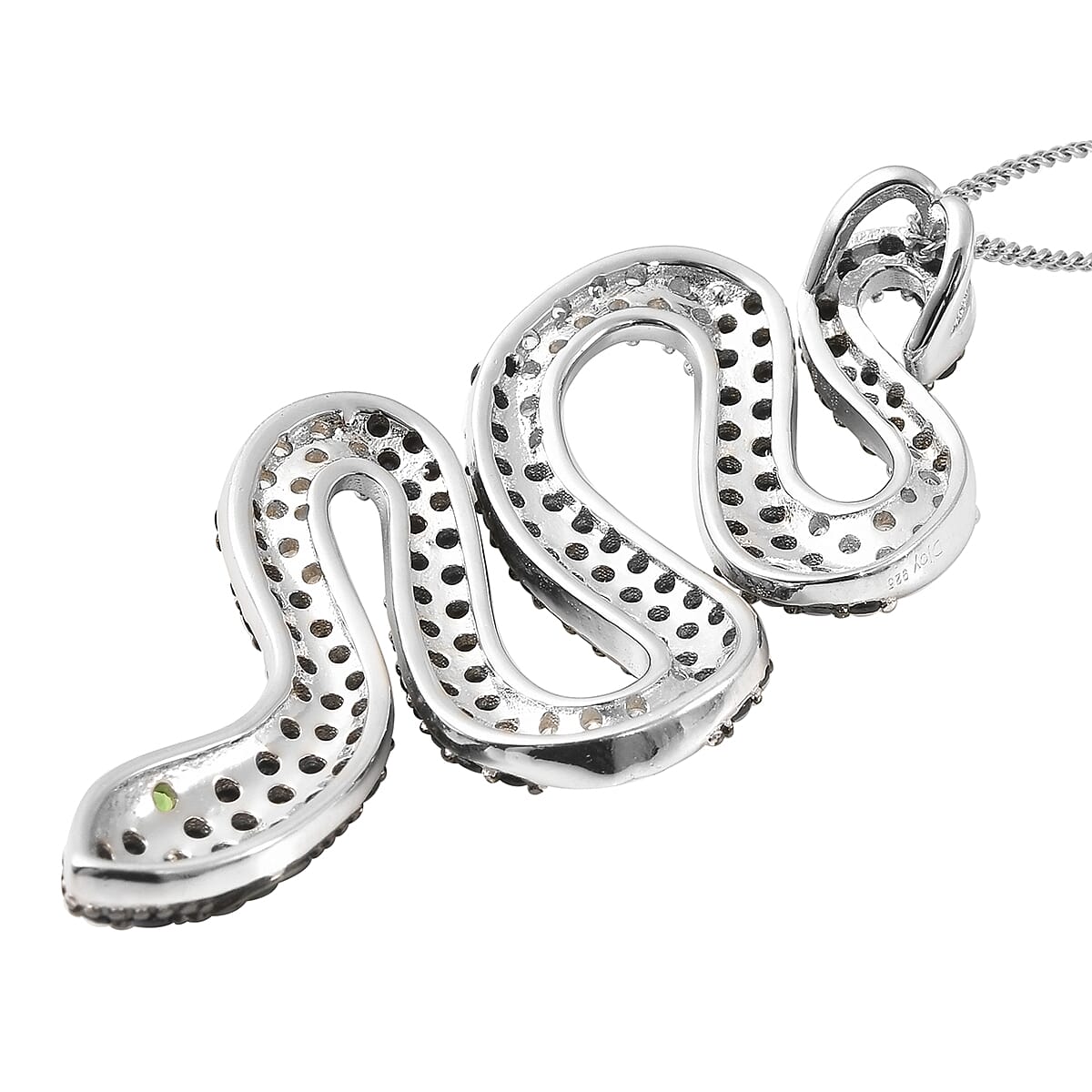 Natural Chrome Diopside, Thai Black Spinel and White Zircon Snake Pendant Necklace 18 Inches in Rhodium Over Sterling Silver 7.65 Grams 3.50 ctw