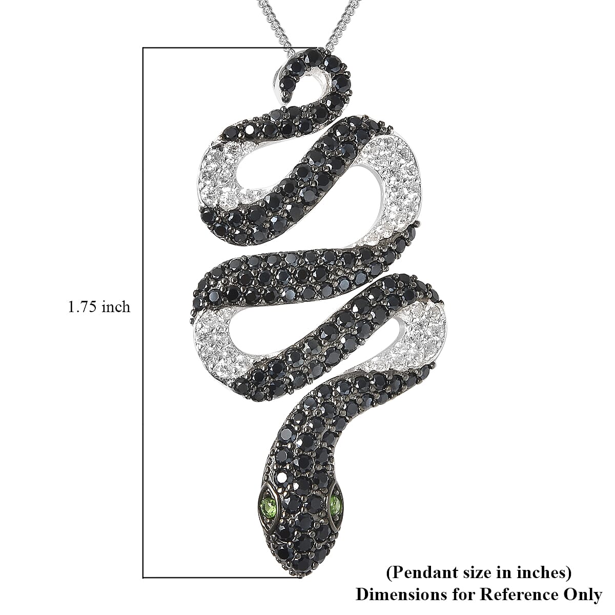 Natural Chrome Diopside, Thai Black Spinel and White Zircon Snake Pendant Necklace 18 Inches in Rhodium Over Sterling Silver 7.65 Grams 3.50 ctw
