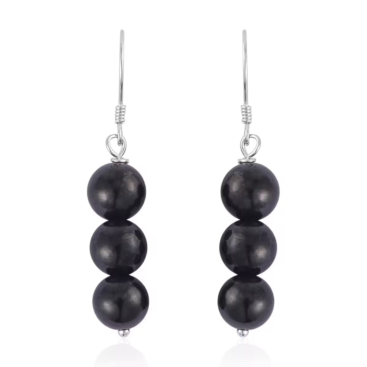 Value Buy Shungite 7-9mm Beaded Dangle Earrings in Rhodium Over Sterling Silver 17.50 ctw image number 0