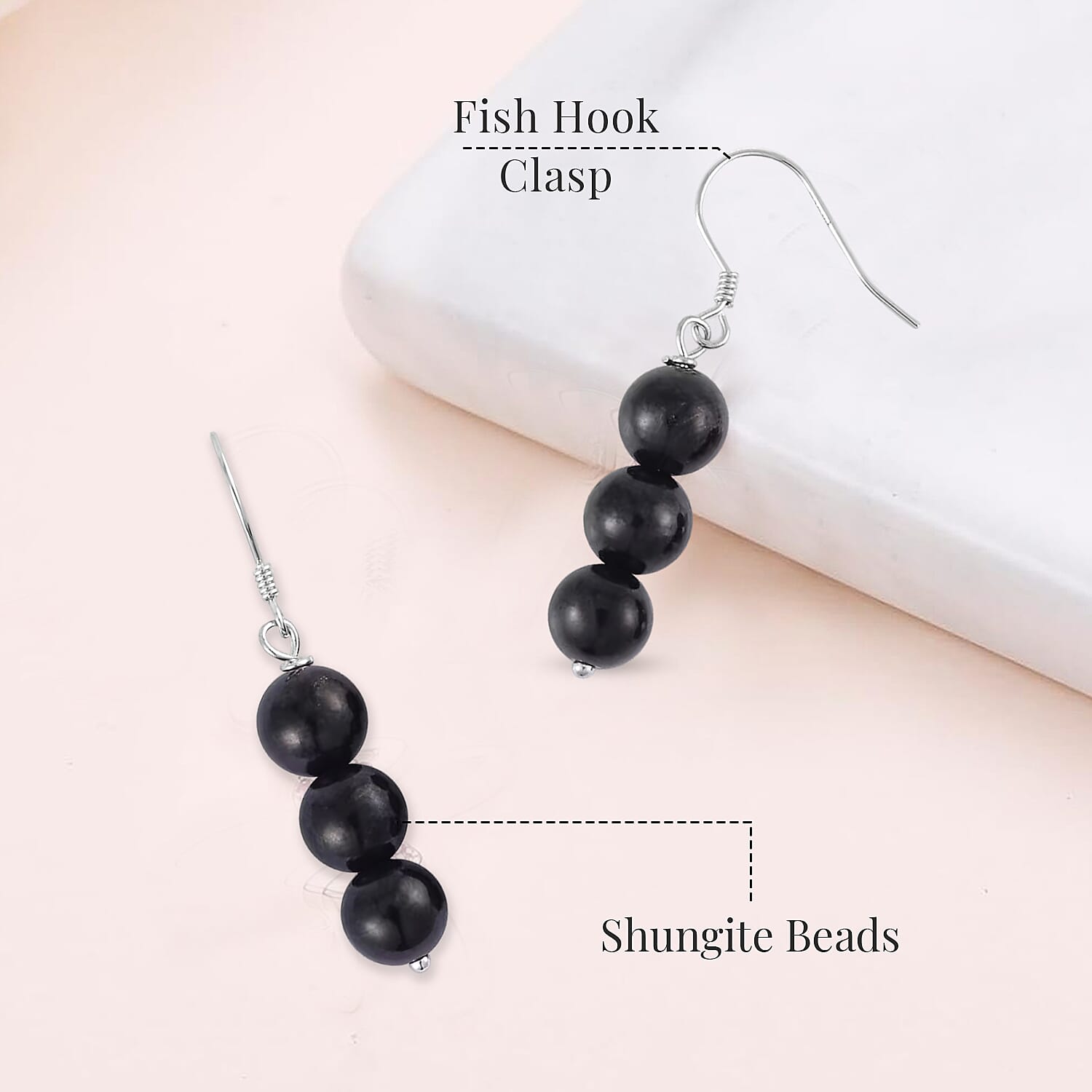 Shungite 7-9mm Beaded Dangle Earrings in Rhodium Over Sterling Silver 17.50 ctw