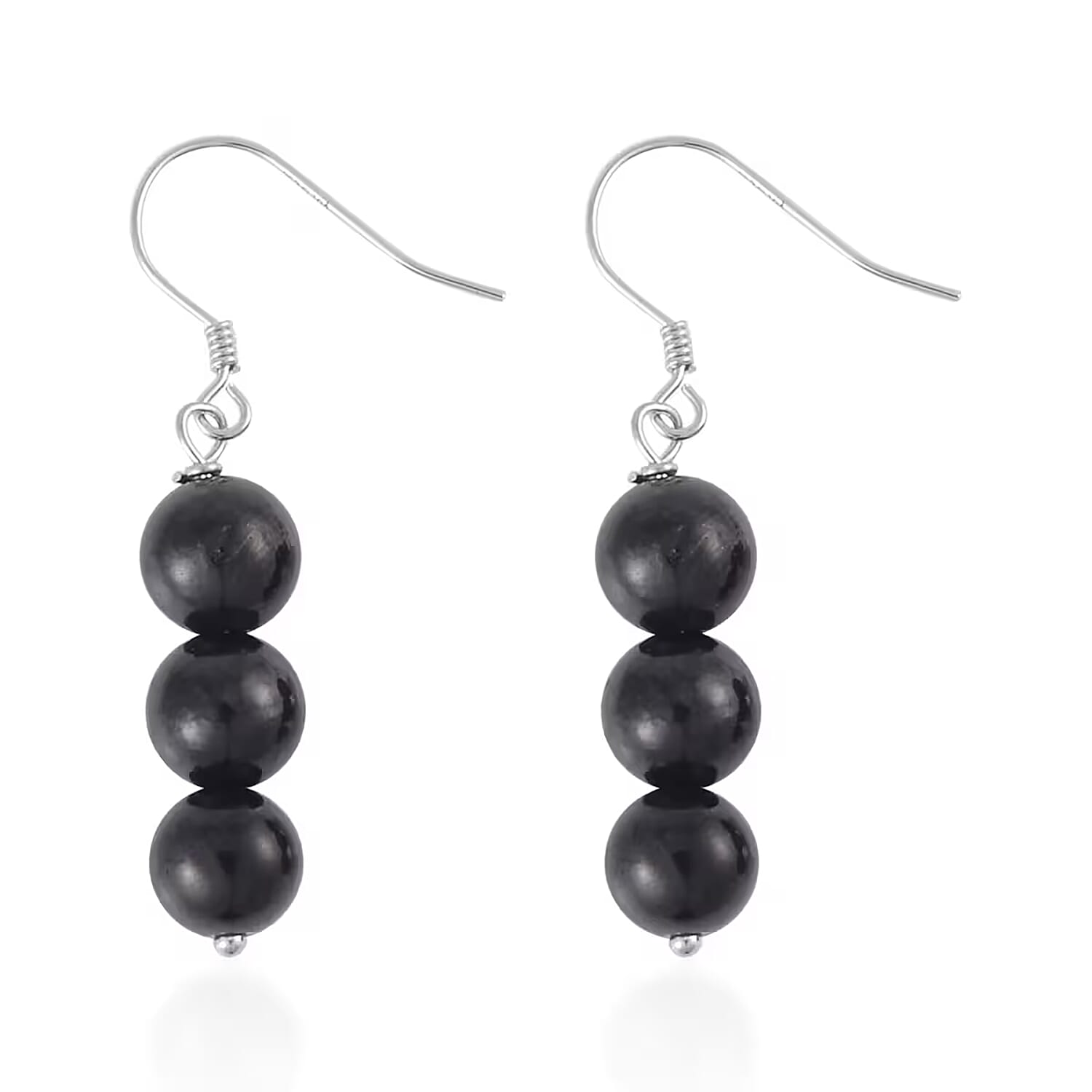 Shungite 7-9mm Beaded Dangle Earrings in Rhodium Over Sterling Silver 17.50 ctw