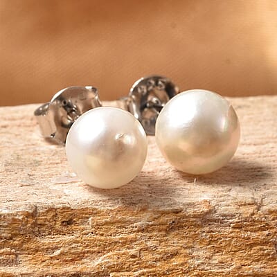 Japanese Akoya Pearl Stud Earrings in Rhodium Over Sterling Silver