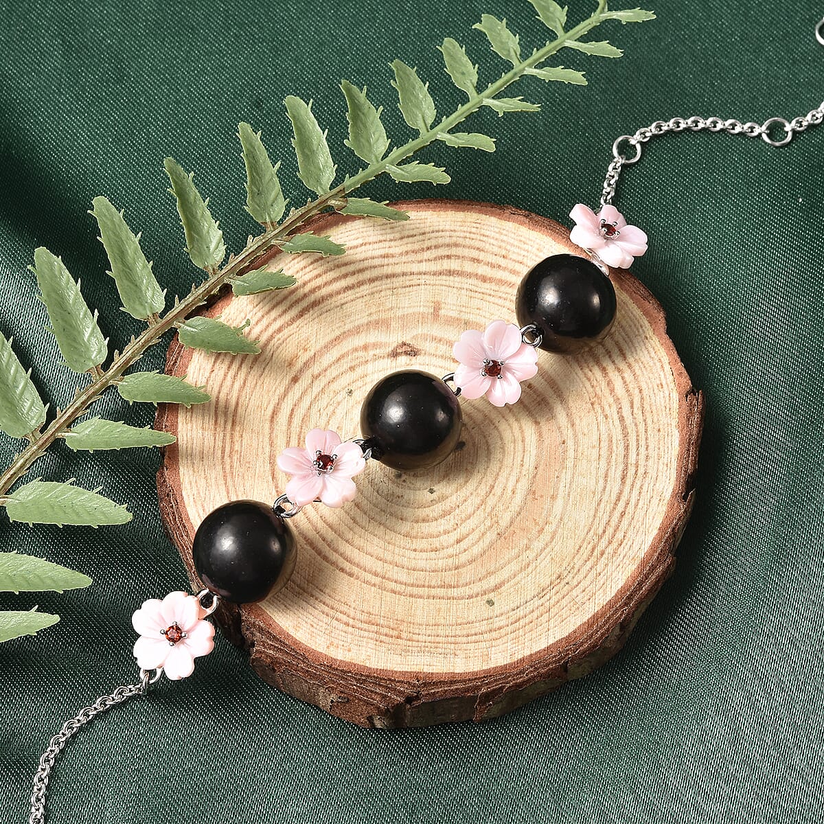 Shungite, Pink Mother Of Pearl Carved and Mozambique Garnet Floral Bracelet in Rhodium Over Sterling Silver (8.00 In) 32.40 ctw image number 1