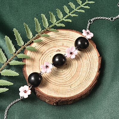 Shungite, Pink Mother Of Pearl Carved and Mozambique Garnet Floral Bracelet in Rhodium Over Sterling Silver (8.00 In) 32.40 ctw
