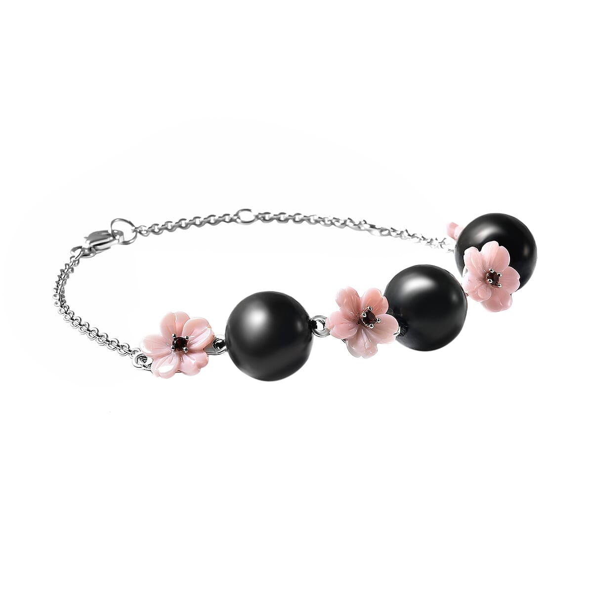 Shungite, Pink Mother Of Pearl Carved and Mozambique Garnet Floral Bracelet in Rhodium Over Sterling Silver (8.00 In) 32.40 ctw image number 2
