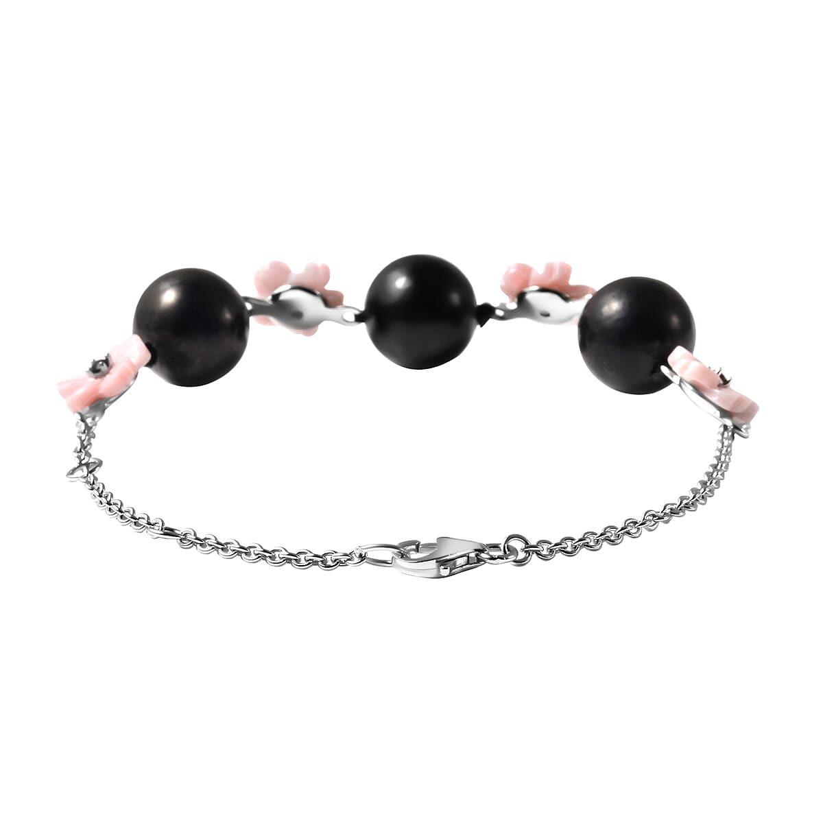 Shungite, Pink Mother Of Pearl Carved and Mozambique Garnet Floral Bracelet in Rhodium Over Sterling Silver (8.00 In) 32.40 ctw image number 3