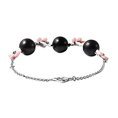 Shungite, Pink Mother Of Pearl Carved and Mozambique Garnet Floral Bracelet in Rhodium Over Sterling Silver (8.00 In) 32.40 ctw